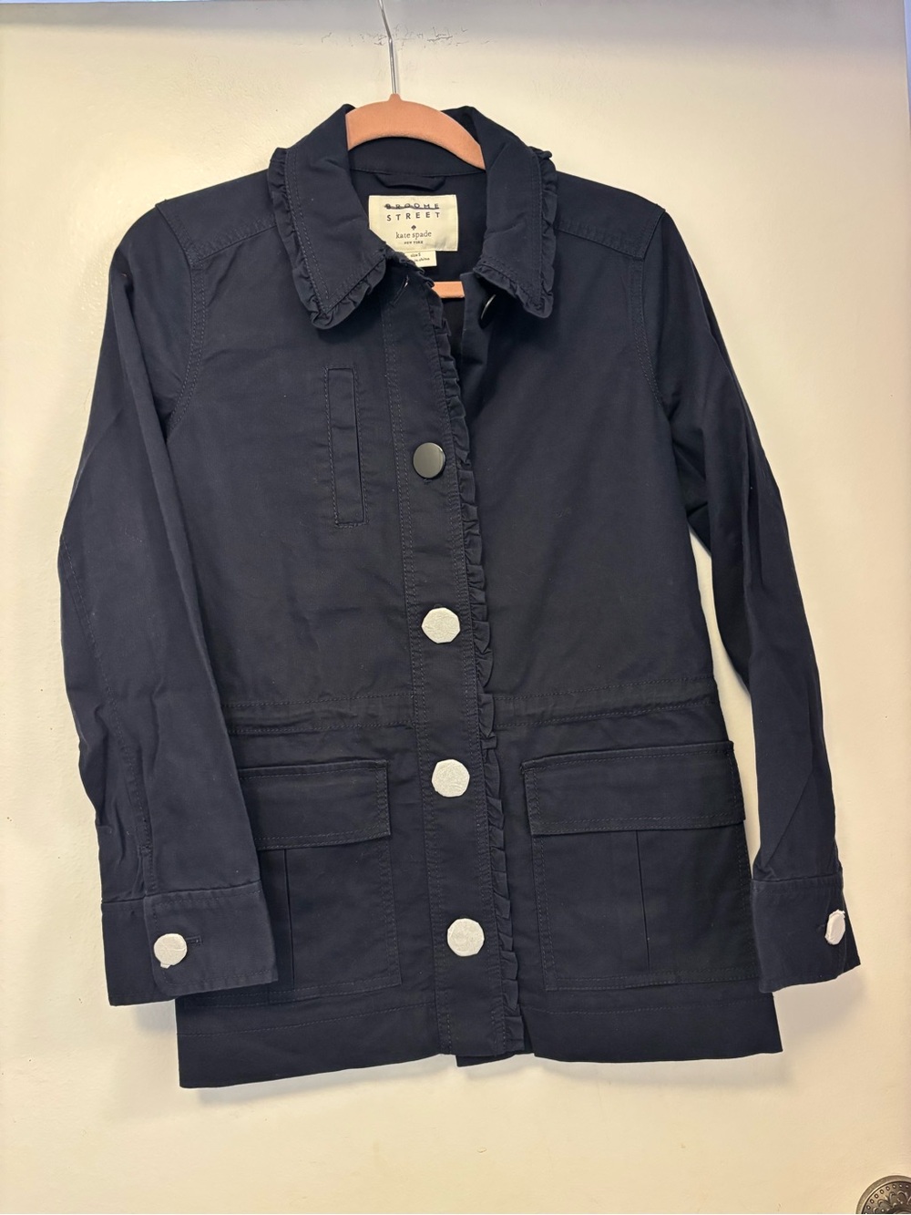 kate spade Navy fall Ruffle-Trim Utility Jacket bow back new S
